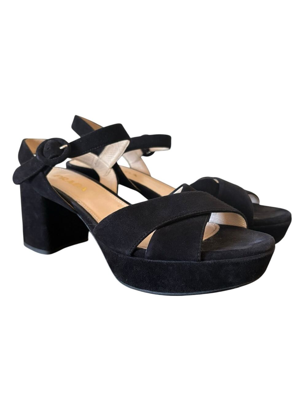 Prada Black Suede Block Heel Sandals Size 38 8